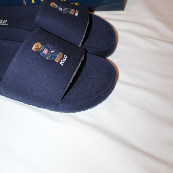 NIB POLO RALPH LAUREN MEN'S BEAR COTTON SLIDE NAVY‎ BLUE - Picture 2 of 5